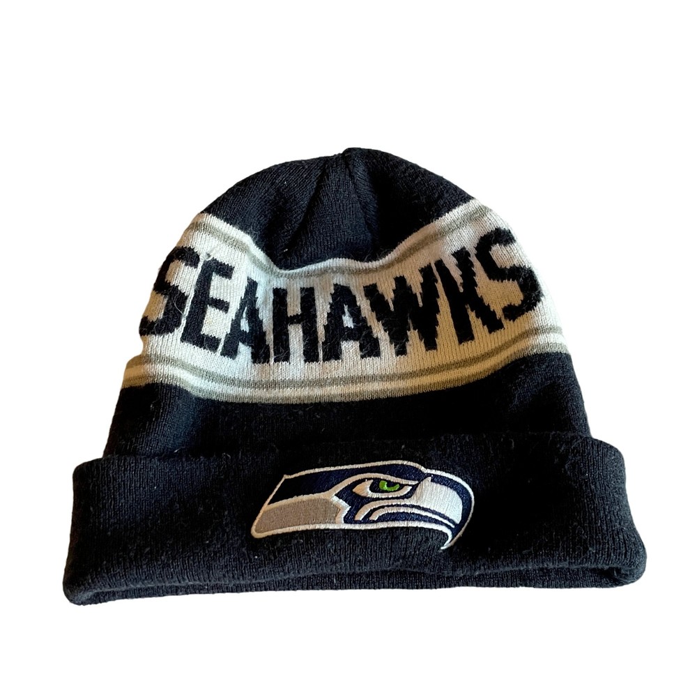 Seattle Seahawks SPELLOUT NFL Stocking Beanie Hat Embroider Emblem Black Cream